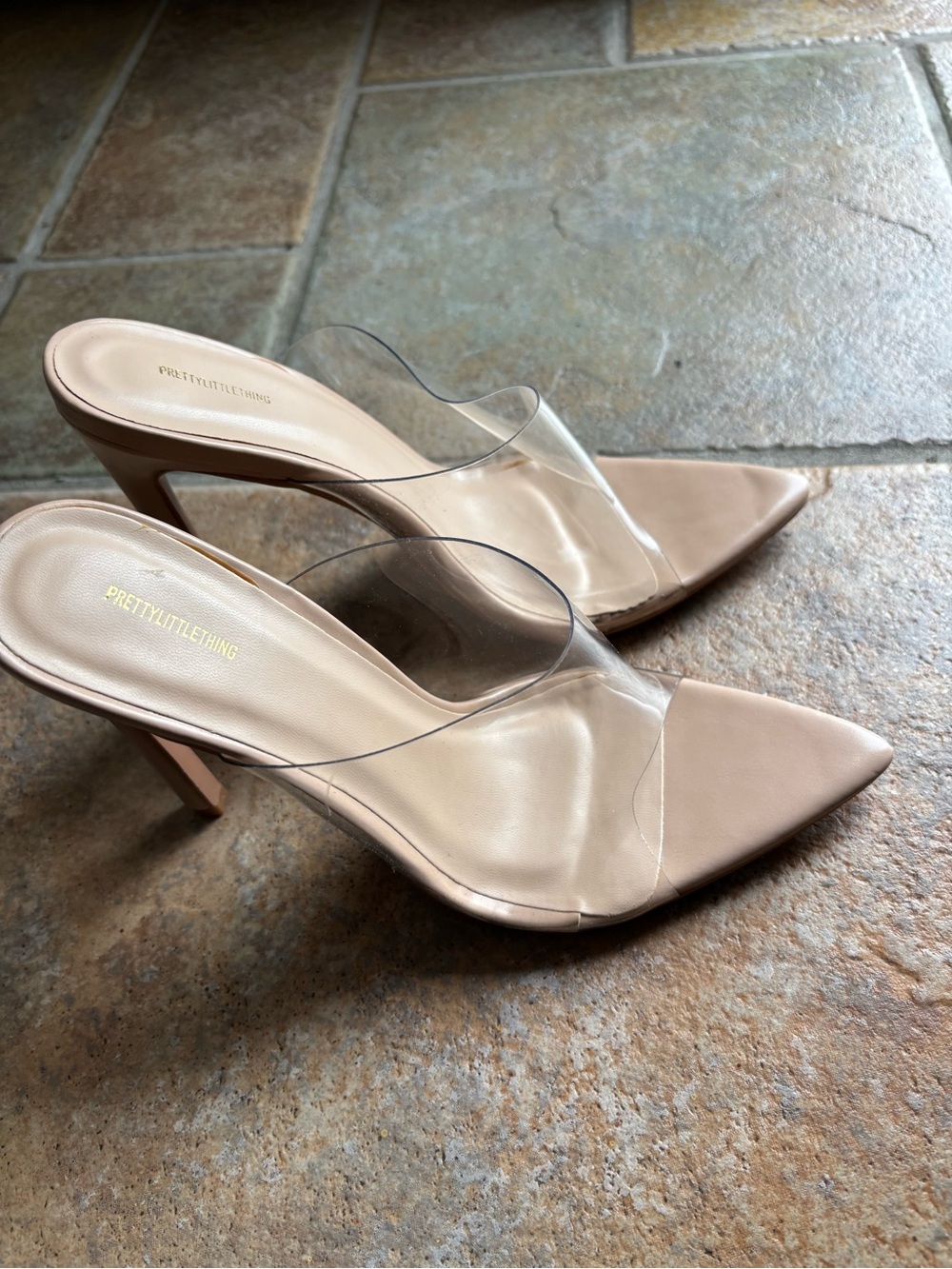 PrettyLittleThing Nude Pointed Mule Heels with Clear Strap